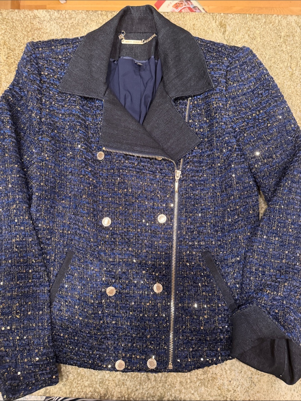 White House Black Market Sparkly Tweed and Denim Jacket Navy Blue  Size 6